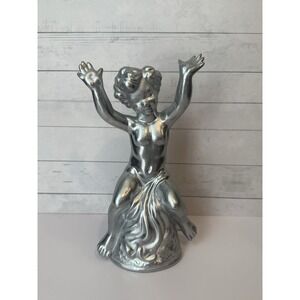 Vintage Silver Ceramic Cherub Figurine Raising Arms 8" Angel Statue Home Decor
